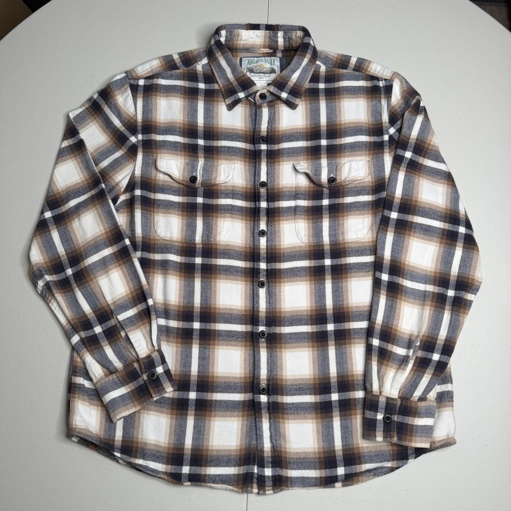 American Eagle Mens Large Plaid Flannel Shirt Brown Cream Navy Blue Button Down